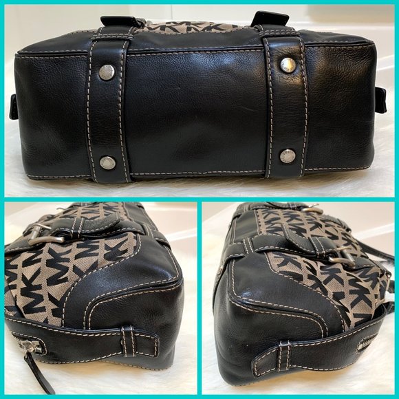 SOLD! MICHAEL KORS Black & White Signature Canvas Buckle-Trimmed Satchel - Picture 10 of 13